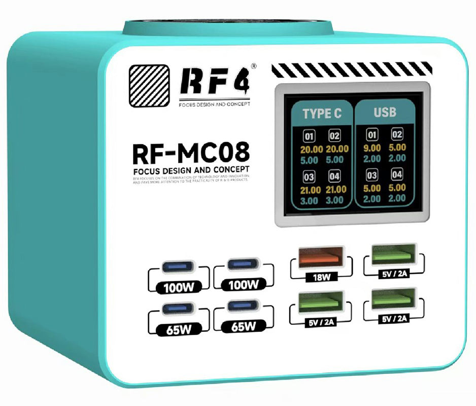 Chargeur Station RF4 RF-MC08, 150W, 5A, 4 x USB-A - 4 x USB-C, Turquoise