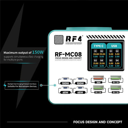 Chargeur Station RF4 RF-MC08, 150W, 5A, 4 x USB-A - 4 x USB-C, Turquoise