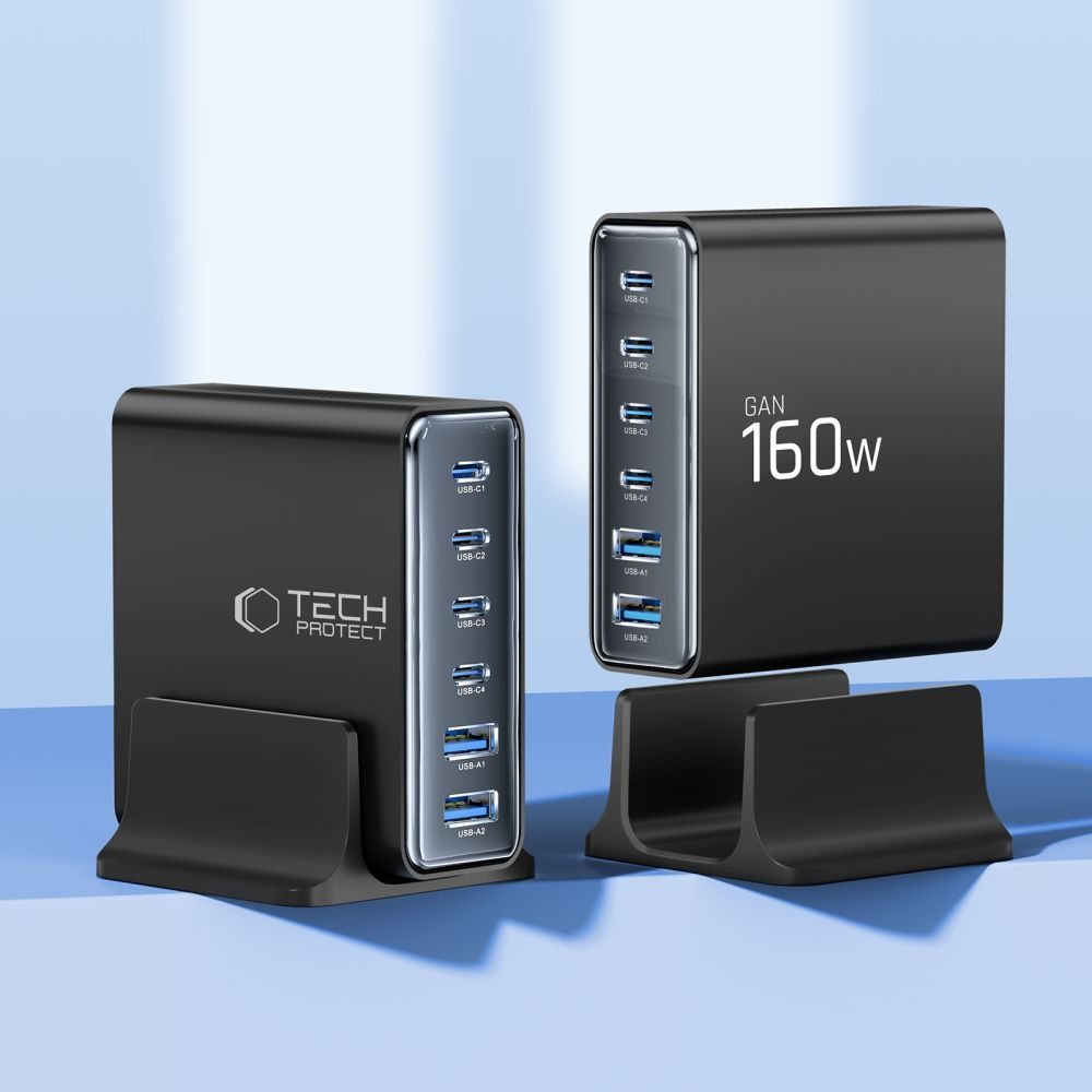Ladestation Tech-Protect DC160W-GAN, 160W, 5A, 2 x USB-A - 4 x USB-C, Schwarz