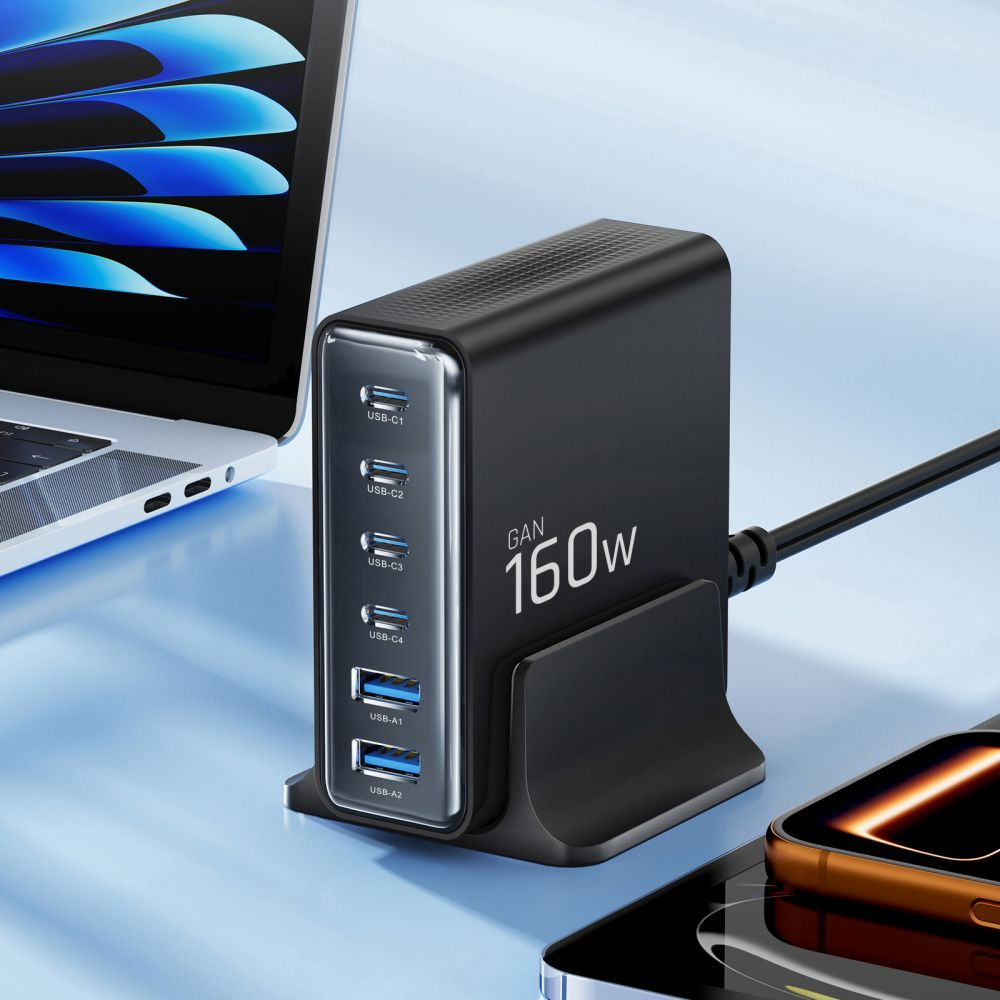 Ladestation Tech-Protect DC160W-GAN, 160W, 5A, 2 x USB-A - 4 x USB-C, Schwarz