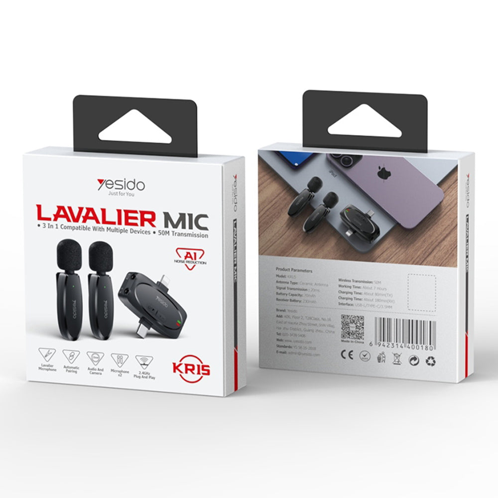 Lavaliermikrofon Yesido KR15, USB-C / Lightning, Set 2 Stück, Schwarz