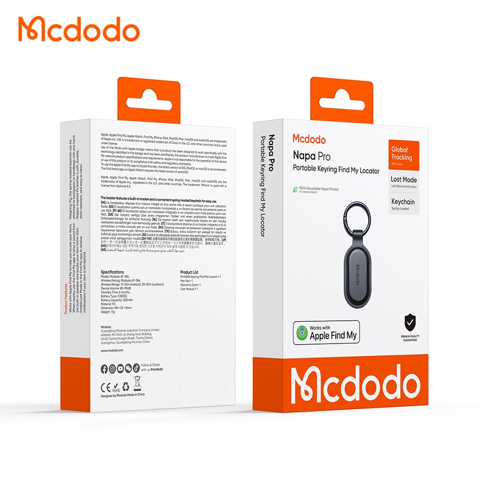 Mcdodo SmartTag Schlüsselanhänger Napa Pro AT-3840 für iOS-Serie, Schwarz