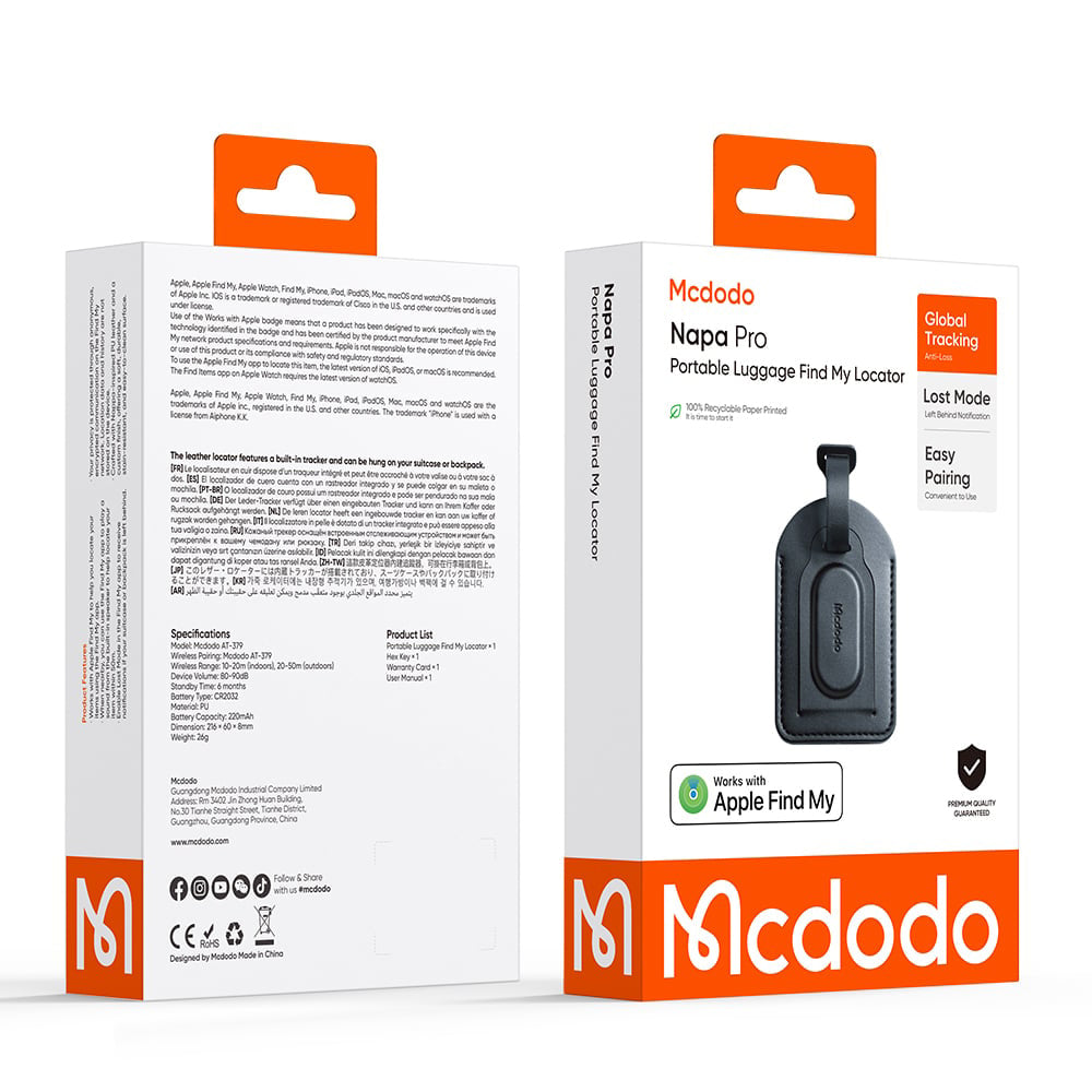 Mcdodo SmartTag Luggage Napa Pro AT-3790 pour iOS Series, Noir