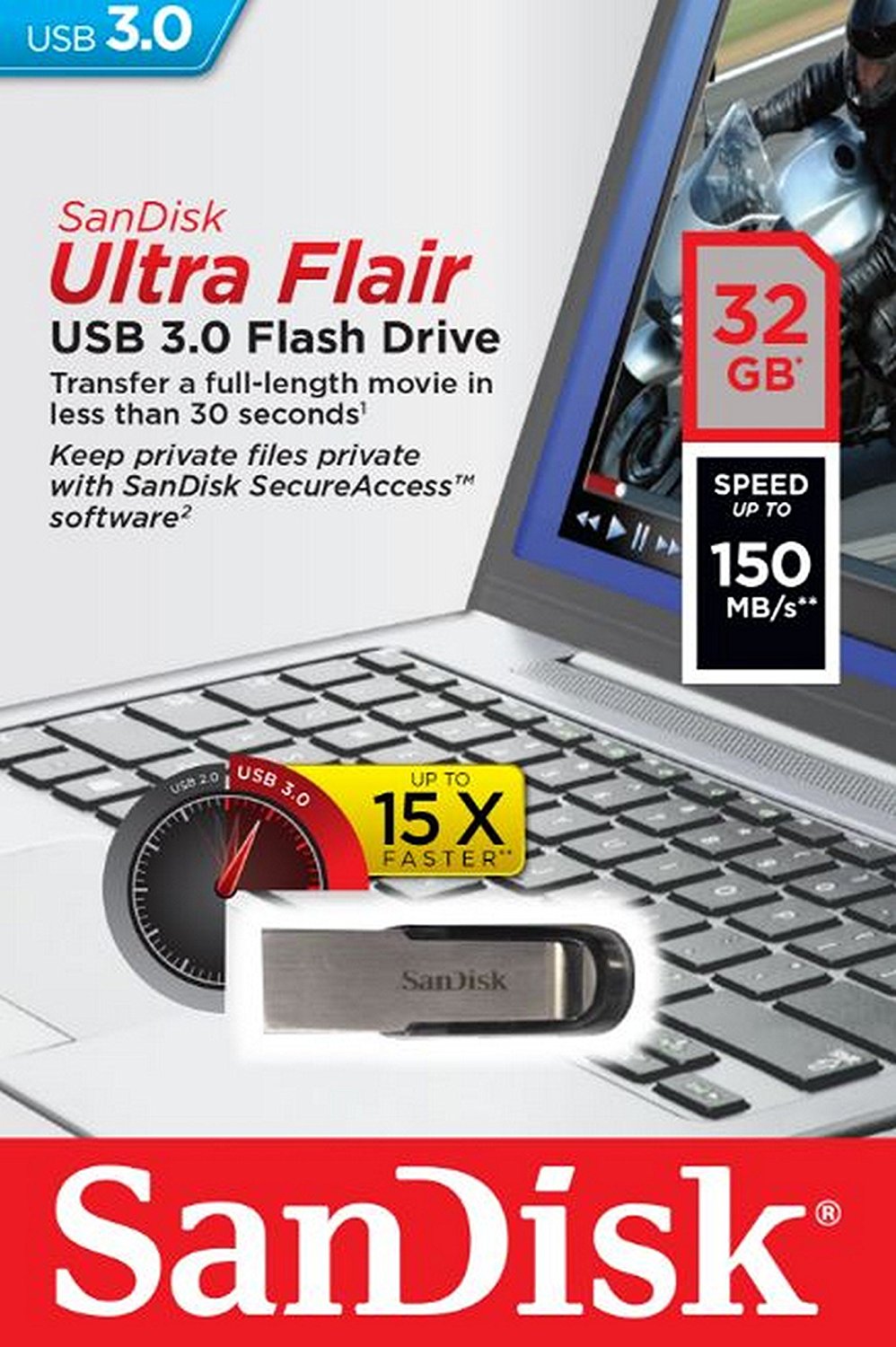 Mémoire Externe USB-A 3.0 SanDisk Ultra Flair, 32Gb SDCZ73-032G-G46