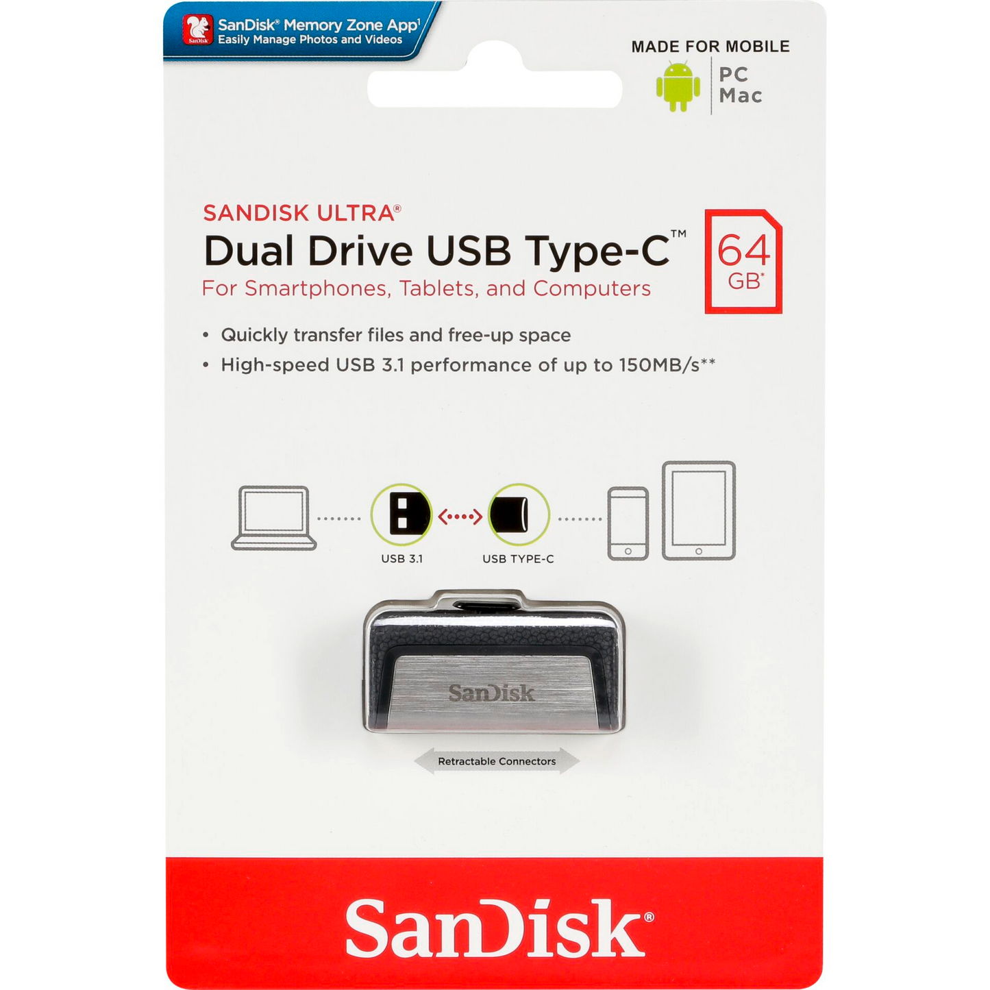 Mémoire Externe USB-A 3.1 / USB-C SanDisk Ultra Dual Drive, 64Gb SDDDC2-064G-G46