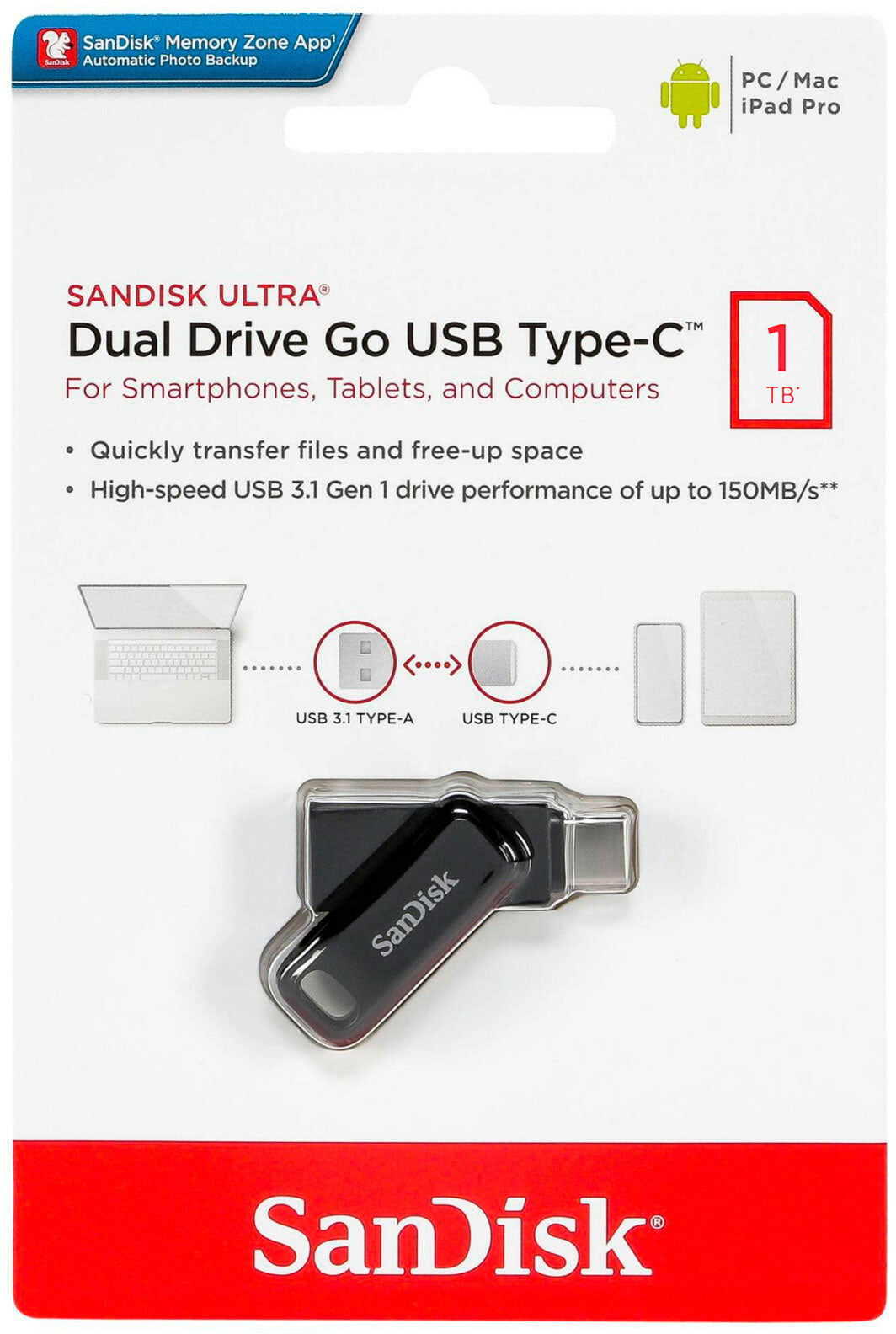 Mémoire Externe USB-A 3.2 / USB-C SanDisk Ultra Dual Go, 1TB SDDDC3-1T00-G46