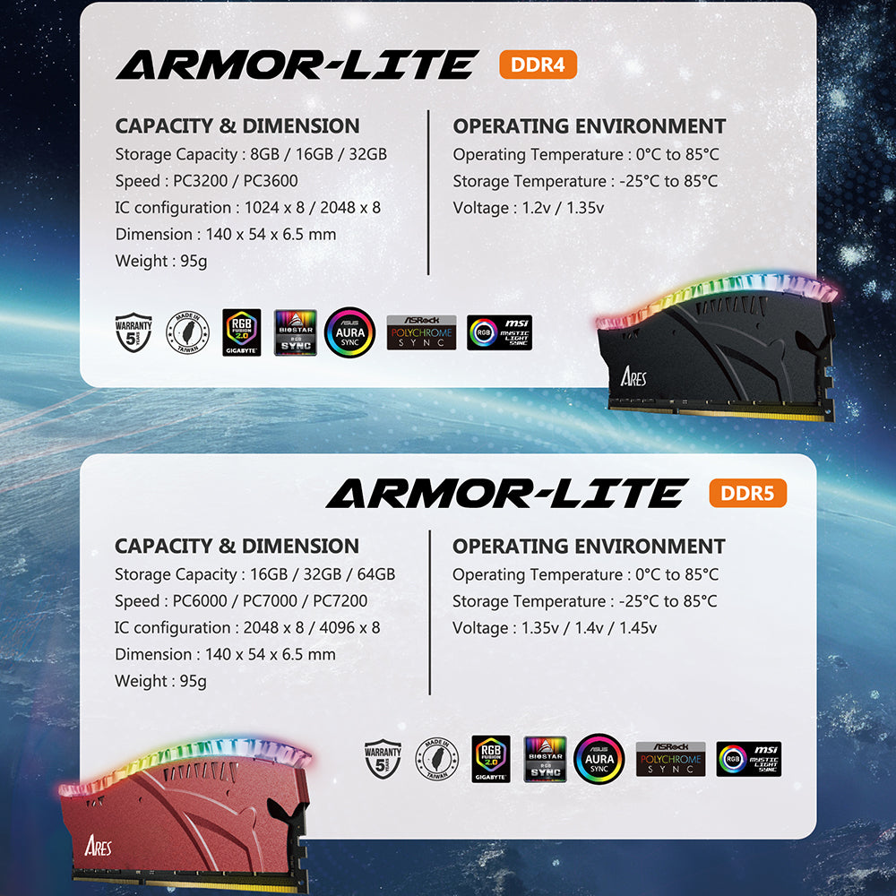 Dato Ares Armor Lite RAM Memory, DDR5, RGB, 16GB, 7200Mhz, Black ARB16G5K72