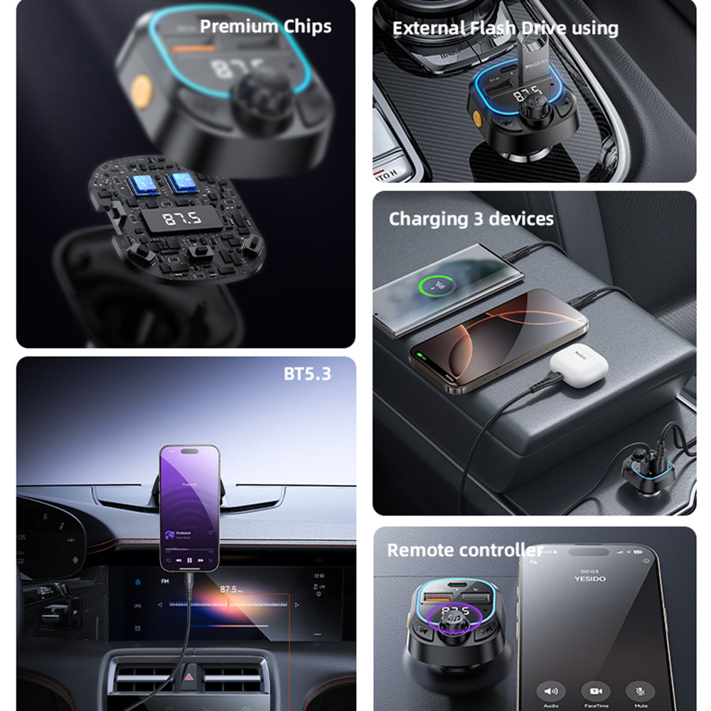 Modulateur FM Bluetooth Yesido Y70, 2 x USB-A - 1 x USB-C