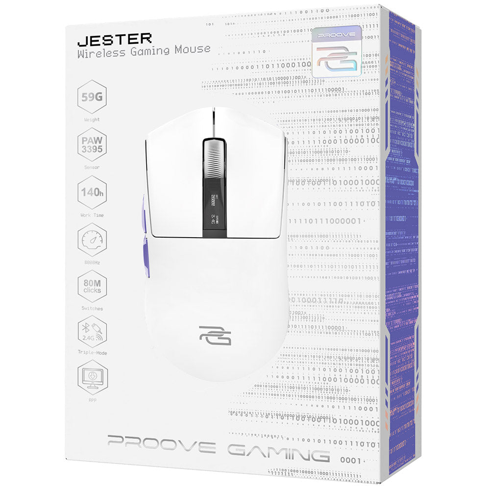 Souris Gaming Sans Fil Proove Jester, 800DPI - 26000DPI, Écran OLED, Blanc WMJS00022002