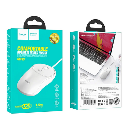 Mouse Wired USB HOCO GM13, 1600DPI, White