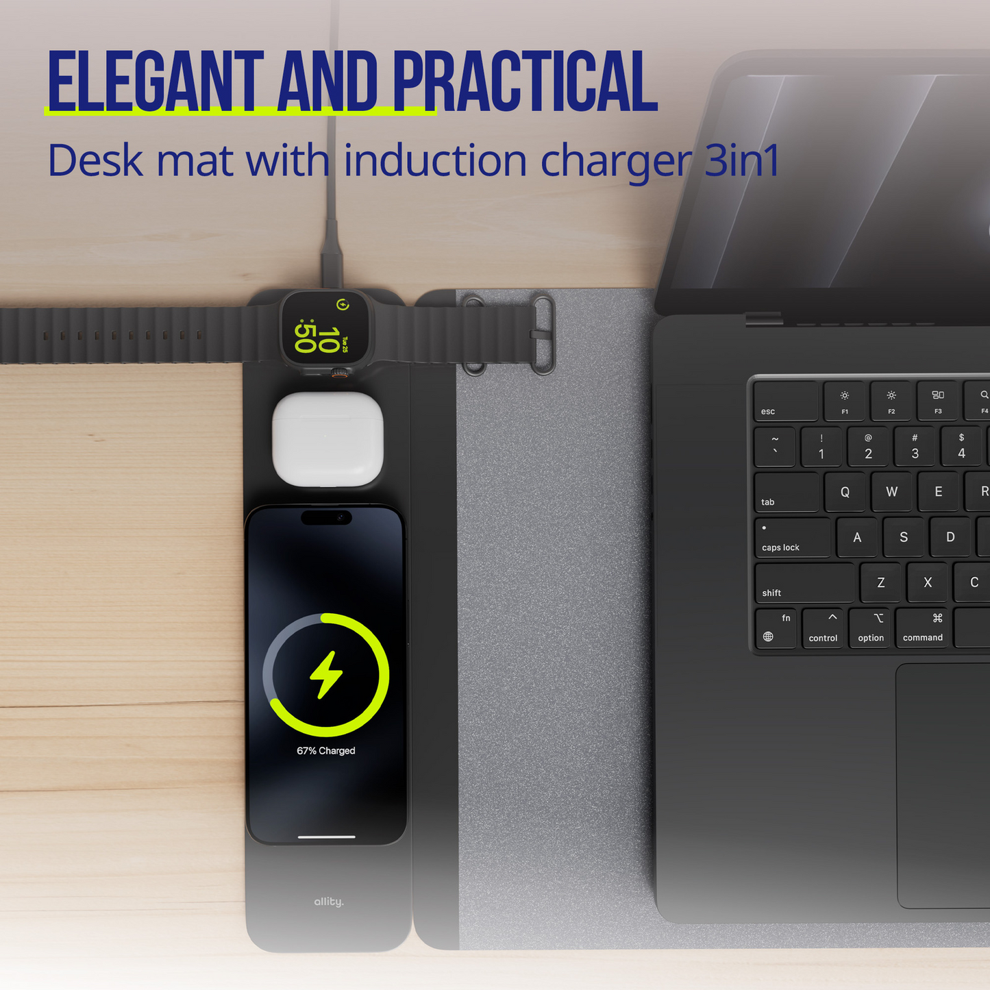 Tapis de souris Allity. ALP-100 4 en 1 avec charge sans fil Téléphone / Montre / Écouteurs, Noir