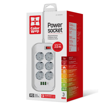 Rallonge ColorWay, 6 x Schuko, Blanc