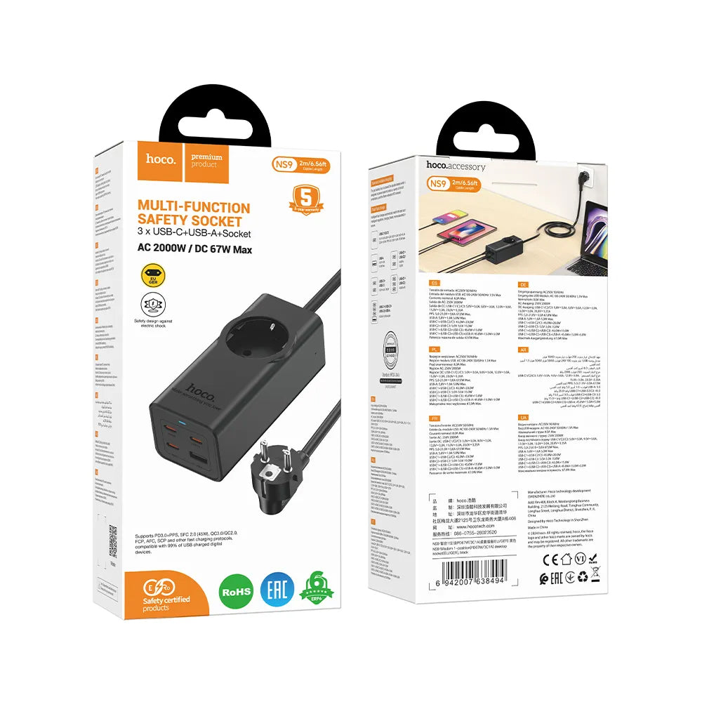 Rallonge HOCO NS9, 1 x Schuko, Noir