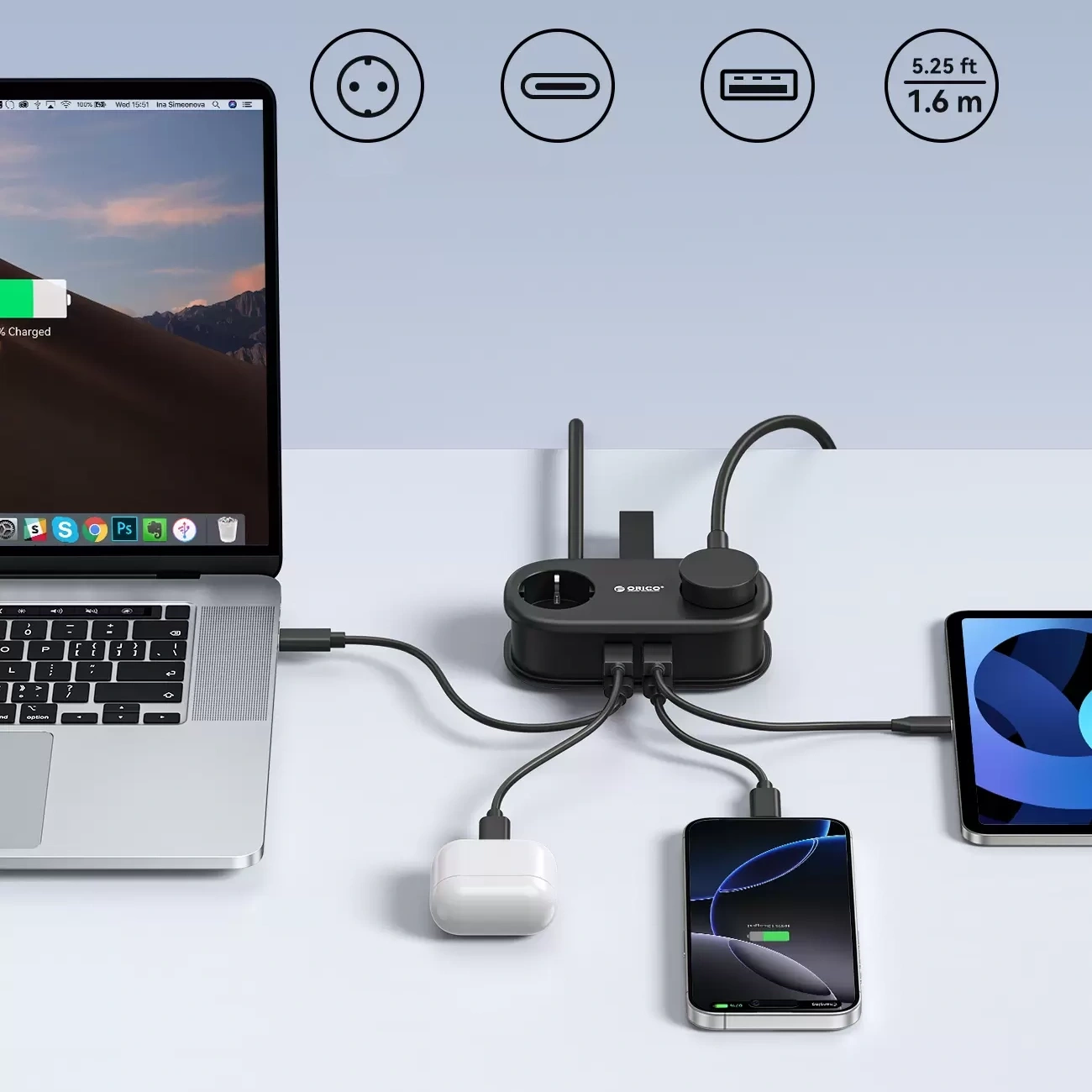 Orico Verlängerungskabel AP3, 2 x Schuko - 2 x USB-A - 2 x USB-C, Schwarz