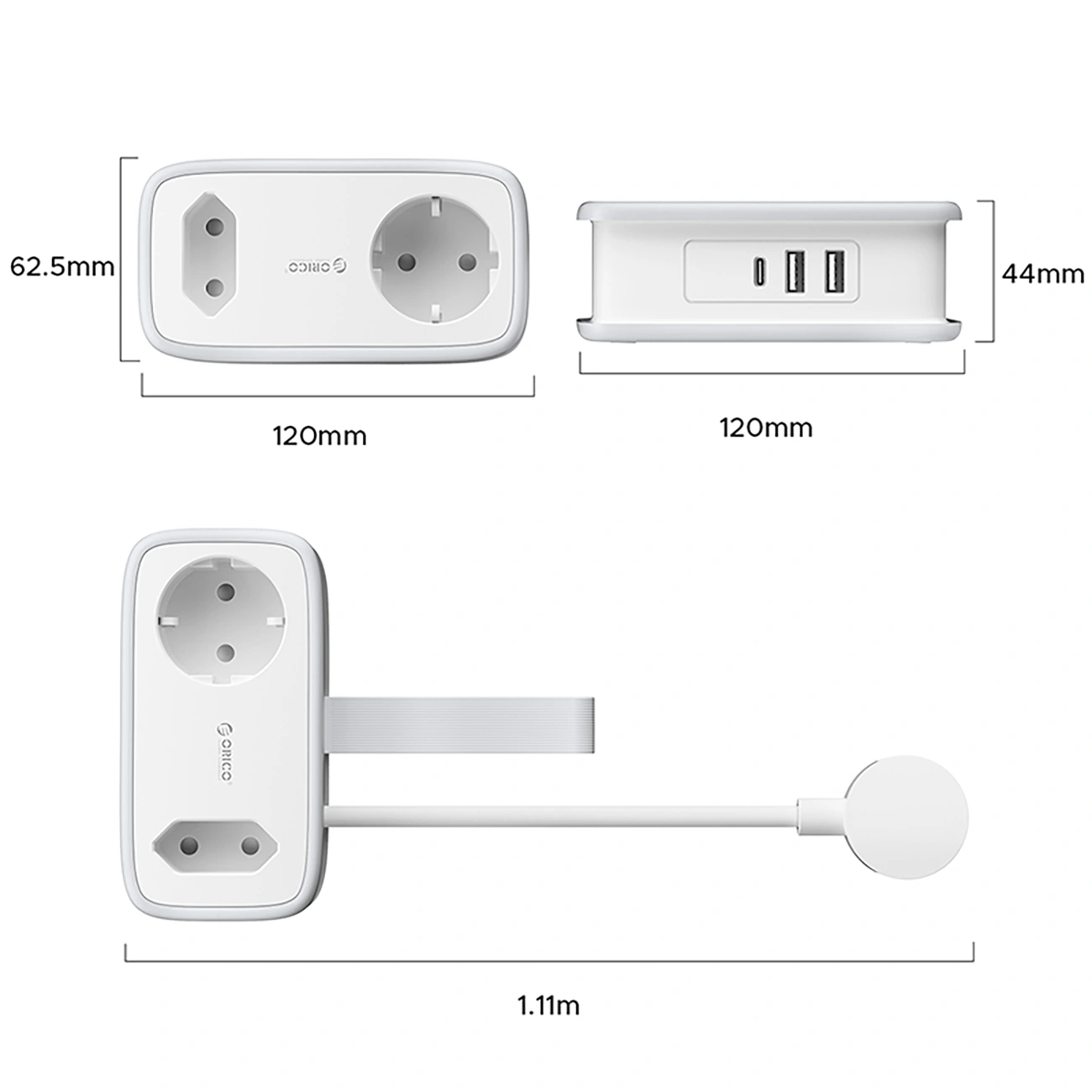 Multiprise Orico APP, 1 x Schuko - 1 x Prise - 2 x USB-A - 1 x USB-C, Blanc Gris