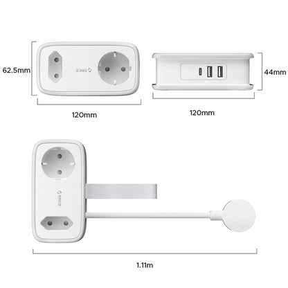 Multiprise Orico APP, 1 x Schuko - 1 x Prise - 2 x USB-A - 1 x USB-C, Blanc Gris