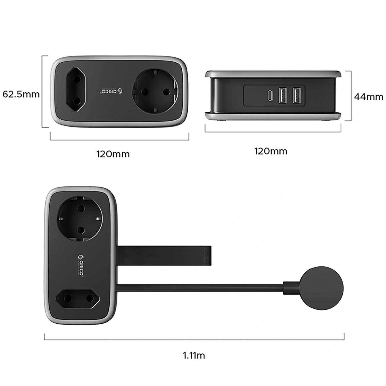 Multiprise Orico APP, 1 x Schuko - 1 x Prise - 2 x USB-A - 1 x USB-C, Noir Gris