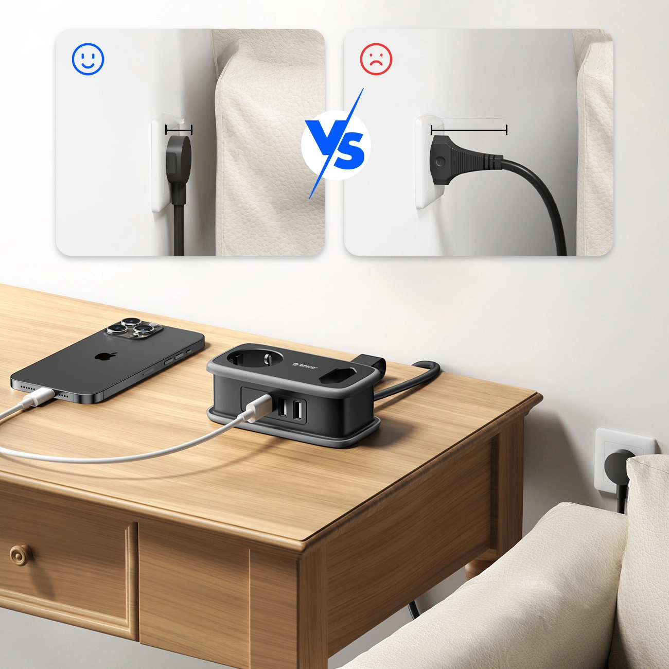 Multiprise Orico APP, 1 x Schuko - 1 x Prise - 2 x USB-A - 1 x USB-C, Noir Gris