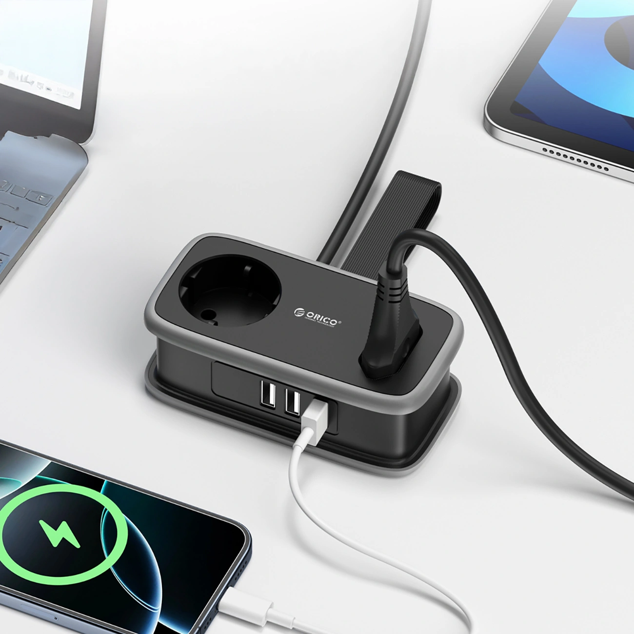 Multiprise Orico APP, 1 x Schuko - 1 x Prise - 2 x USB-A - 1 x USB-C, Noir Gris