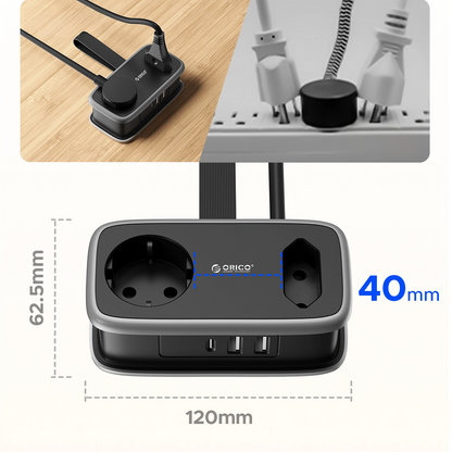 Multiprise Orico APP, 1 x Schuko - 1 x Prise - 2 x USB-A - 1 x USB-C, Noir Gris