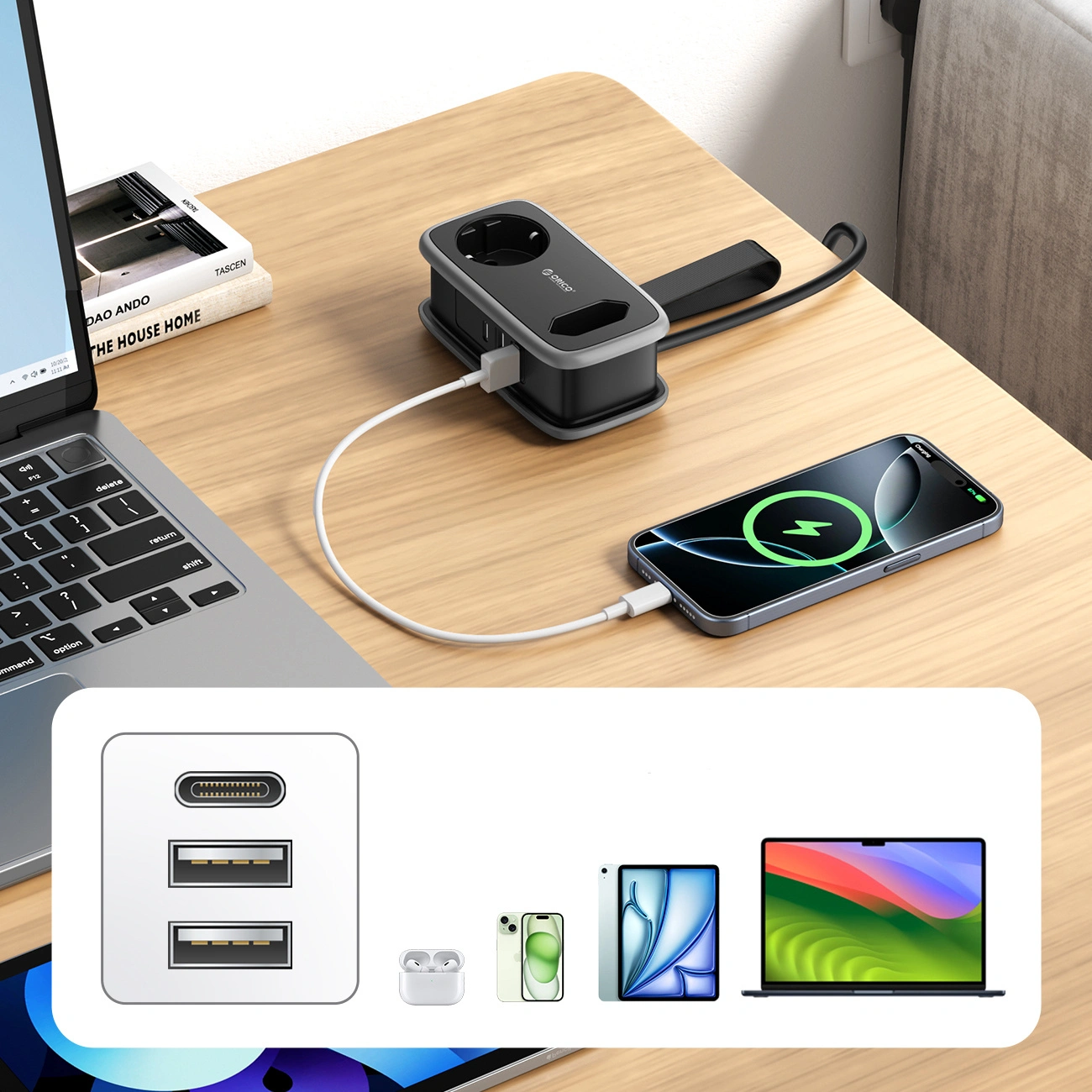 Multiprise Orico APP, 1 x Schuko - 1 x Prise - 2 x USB-A - 1 x USB-C, Noir Gris