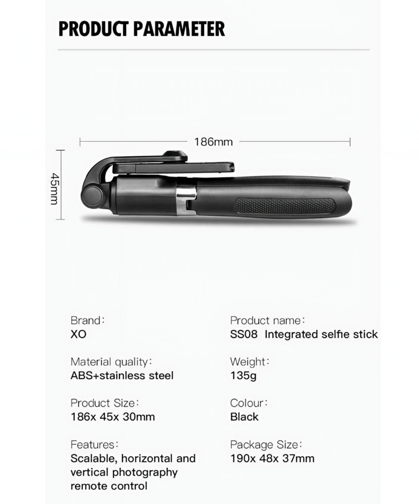 Perche à selfie Bluetooth XO Design SS08, Universelle, Noire