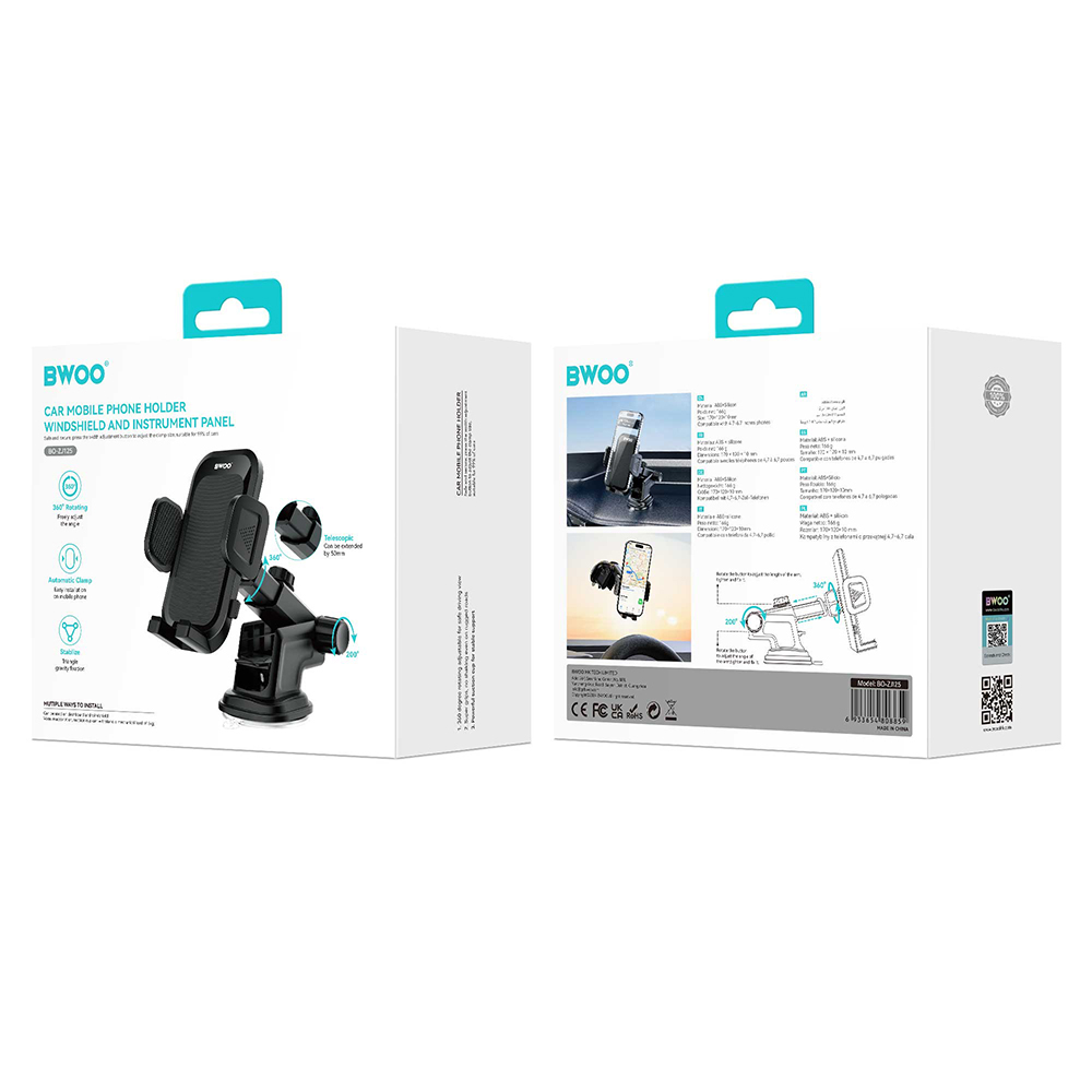 Support Auto BWOO BO-ZJ125, 4,7 pouces - 6,7 pouces, Noir