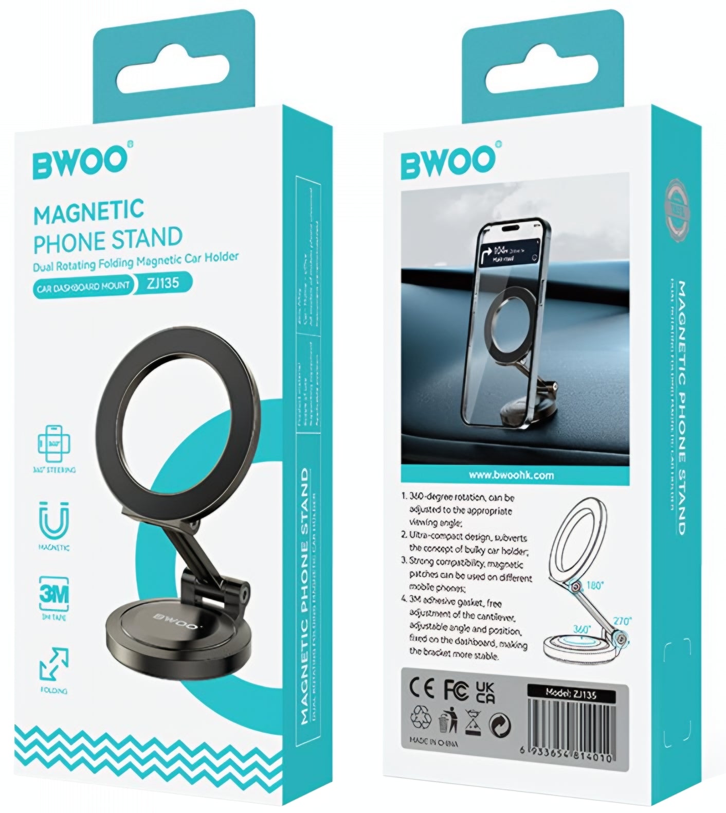 Support Auto Magnétique BWOO ZJ135, Universel, Noir