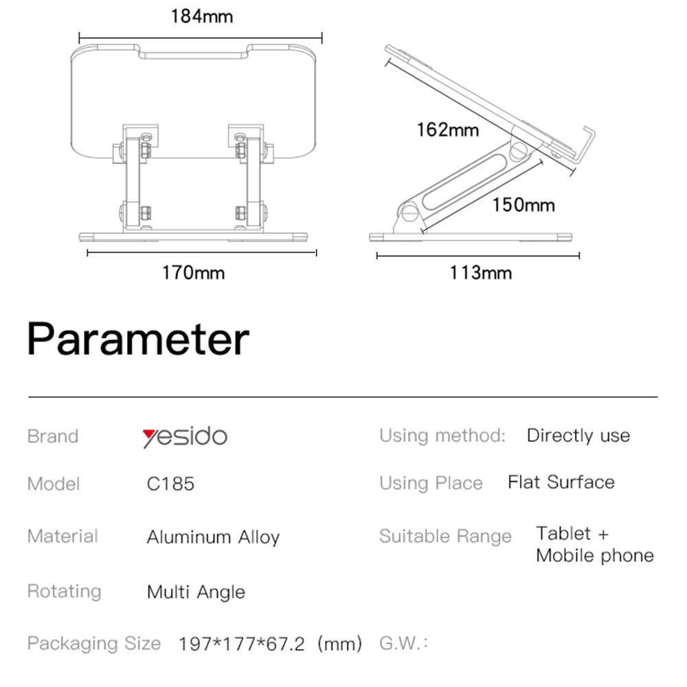 Support de Bureau Yesido C185, 4.5 pouces - 13 pouces, Argenté